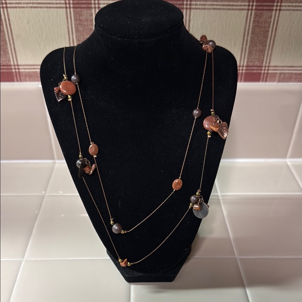 Brown and Orange Multi-Strand Necklace with Floral Charms